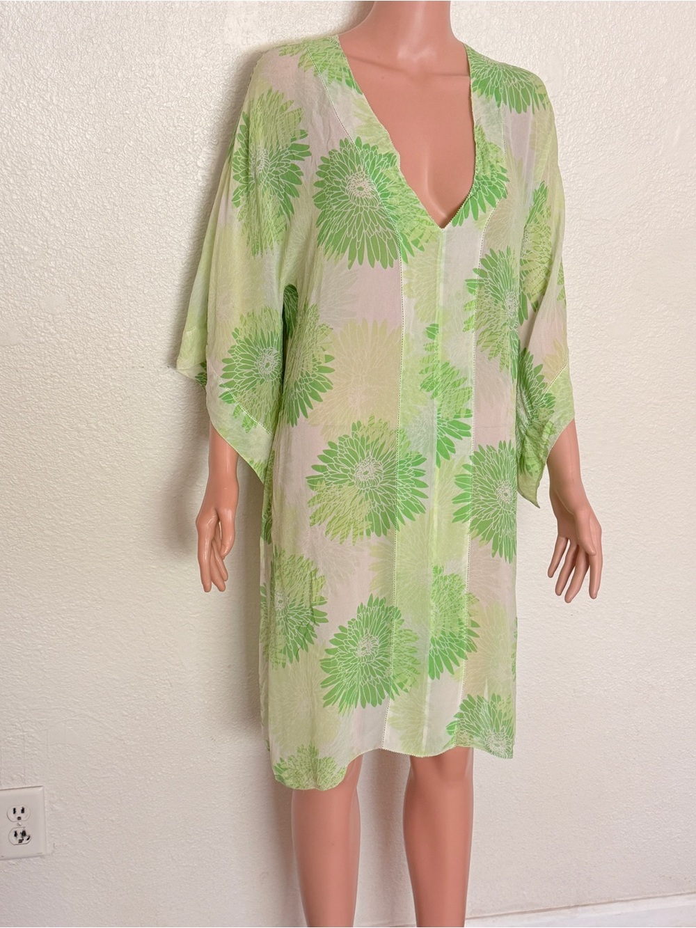 100% Silk Green Floral Sheer Kaftan Tunic Dress / Y2K Lime Floral